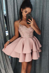 Spaghetti Straps Tiered Pink Satin Homecoming Dress with Sequins