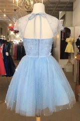 Sparkling Beaded Cap Sleeves Light Sky Blue Homecoming Dress