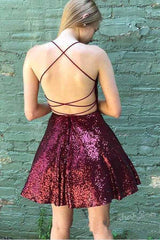 Sparkly Burgundy Backless A-Line Mini Party Dress Homecoming Dress