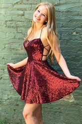 Sparkly Burgundy Backless A-Line Mini Party Dress Homecoming Dress
