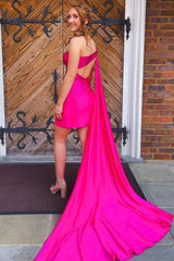 Sparkly Fuchsia Satin One Shoulder Train Tight Homecoming Dress