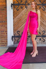 Sparkly Fuchsia Satin One Shoulder Train Tight Homecoming Dress