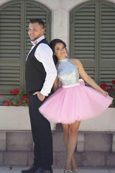 Sparkly High Neck Short Pink Homecoming Dress Party Dress