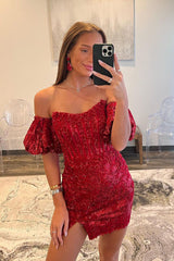 Column Short Sleeves Sequins Burgundy Short Homecoming Dress