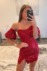 Column Short Sleeves Sequins Burgundy Short Homecoming Dress