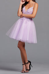 A-Line Backless Tulle Appliqued Homecoming Dress