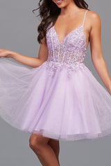 A-Line Backless Tulle Appliqued Homecoming Dress