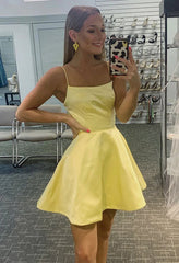 Square Neck A Line Sleeveless Satin Short Homecoming Dress