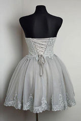 Grey Strapless Sweetheart Neck Lace Appliqued Homecoming Dress