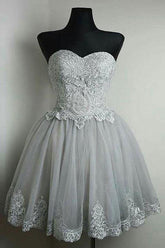 Grey Strapless Sweetheart Neck Lace Appliqued Homecoming Dress