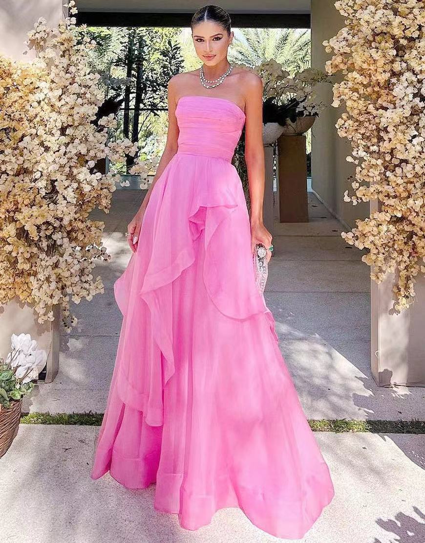Light Cute Pink A Line Strapless Organza Prom Dress