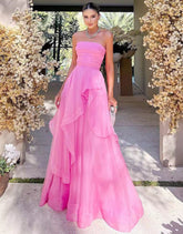 Light Cute Pink A Line Strapless Organza Prom Dress