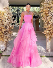 Light Cute Pink A Line Strapless Organza Prom Dress