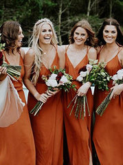 Orange Chiffon Straps A-Line Bridesmaid Dress with Split