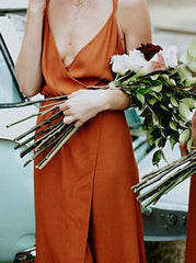 Orange Chiffon Straps A-Line Bridesmaid Dress with Split