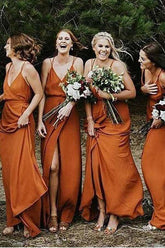 Orange Chiffon Straps A-Line Bridesmaid Dress with Split