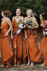 Orange Chiffon Straps A-Line Bridesmaid Dress with Split
