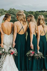 Dark Green Straps Long Bridesmaid Dress with Criss Cross Back