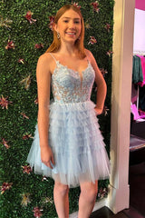Straps Baby Blue Corset A-Line Ruffle Homecoming Dress