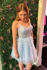 Straps Baby Blue Corset A-Line Ruffle Homecoming Dress