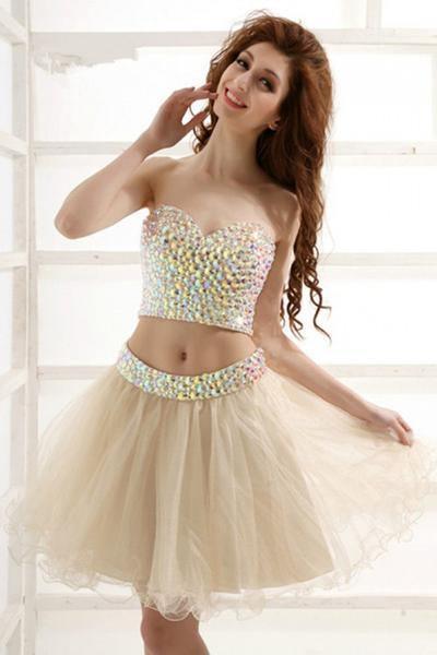 Stunning Two-Piece Short Tulle Beaded Sweet Homecoming/Party Dress