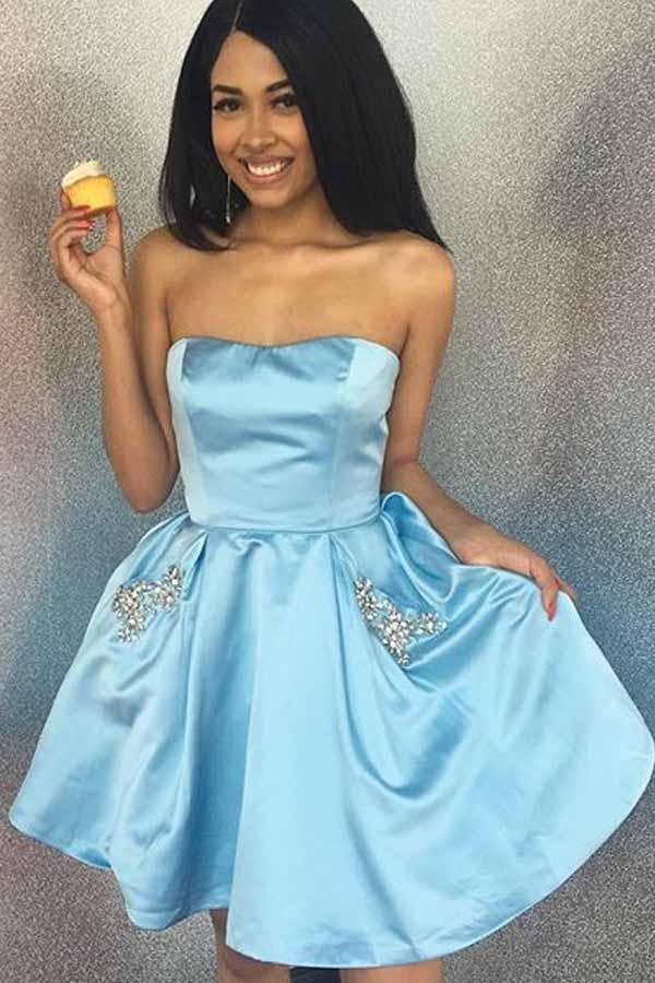 Sweetheart Strapless Sky Blue Short Homecoming/Party Dress with Pockets