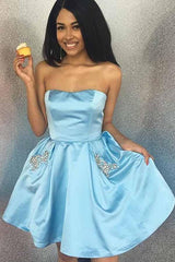 Sweetheart Strapless Sky Blue Short Homecoming/Party Dress with Pockets