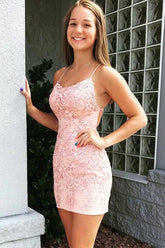 Tie Back Appliqued Sheath Pink Short Prom Dress Homecoming Dress