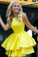 Tiered Skirt Yellow Satin Short Prom Dress Homecoming Dress