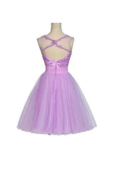 Open Back Short Tulle Appliques Beads Homecoming Dresses