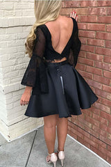 Two Piece Black Long Sleeve Lace Homecoming Party Dress