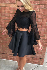 Two Piece Black Long Sleeve Lace Homecoming Party Dress