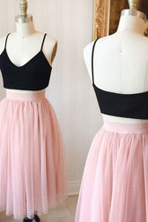 Two-Piece Cute Pink Knee-Length Tulle Homecoming Dress for Teens