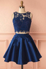 Two-Piece Dark Blue Satin Homecoming Dress with Lace Appliques