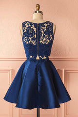 Two-Piece Dark Blue Satin Homecoming Dress with Lace Appliques