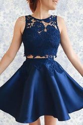 Two-Piece Dark Blue Satin Homecoming Dress with Lace Appliques