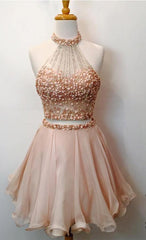 Two Piece Halter Blush Pink Homecoming Dress Short Prom Dress