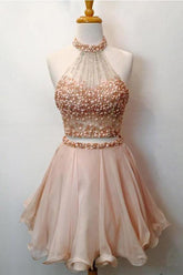 Two Piece Halter Blush Pink Homecoming Dress Short Prom Dress