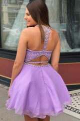 Lilac Chiffon High Neck Two Piece Beading Homecoming Dress