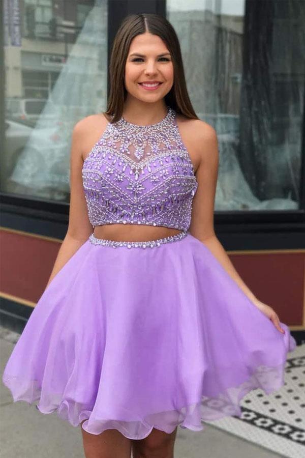 Lilac Chiffon High Neck Two Piece Beading Homecoming Dress