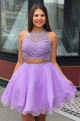 Lilac Chiffon High Neck Two Piece Beading Homecoming Dress