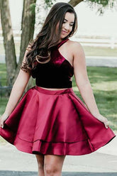Two Piece High Neck Cut-Out Burgundy Homecoming Party Dress