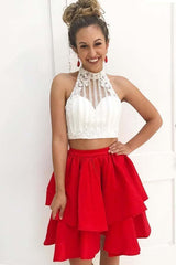 Two-Piece High Neck Short Red Satin Homecoming Dress with Beading