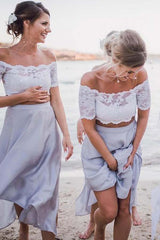 Grey Chiffon Two Piece Off-the-Shoulder Bridesmaid Dress with Lace