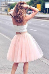 Two-Piece Tulle Pink Spaghetti-Strap Sleeveless Homecoming Dress