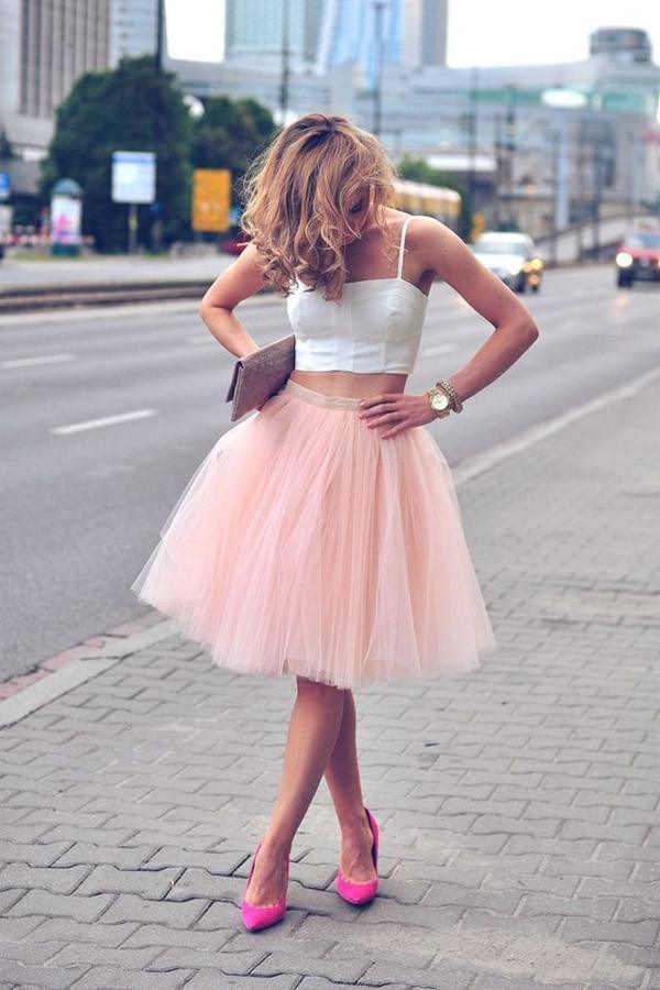 Two-Piece Tulle Pink Spaghetti-Strap Sleeveless Homecoming Dress