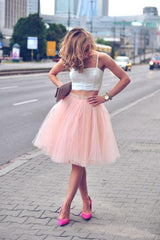 Two-Piece Tulle Pink Spaghetti-Strap Sleeveless Homecoming Dress