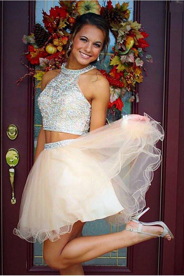 Two-Piece Tulle Prom Dress Homecoming Dress with Beading