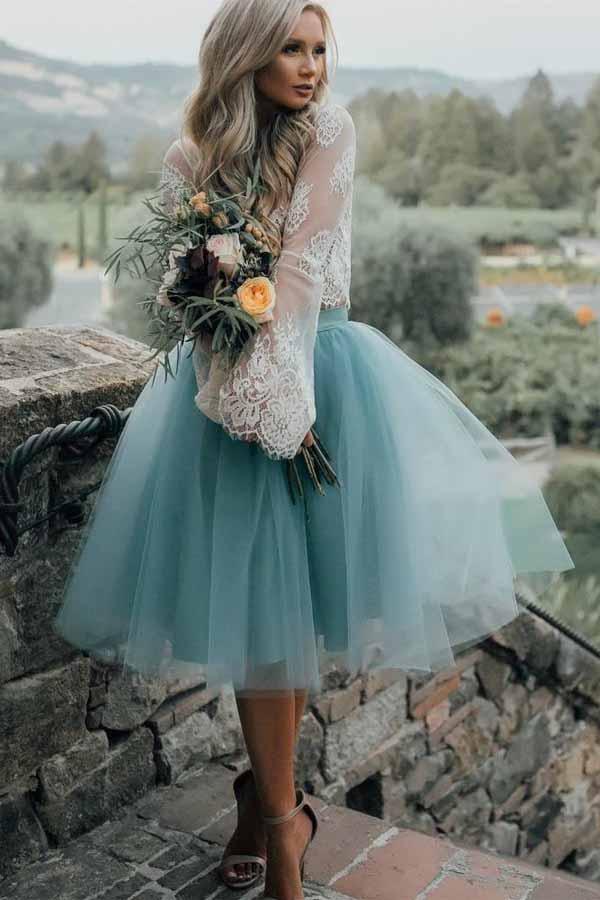 Two-Piece Tulle See Through Long Sleeve Lace Homecoming Dress