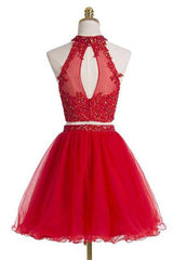 Two-Piece Halter Red Sleeveless Homecoming Dress